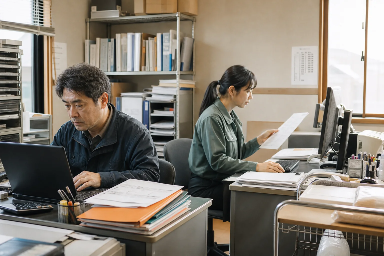 中小企業の事務所で、パソコンと紙の業務を進めている様子