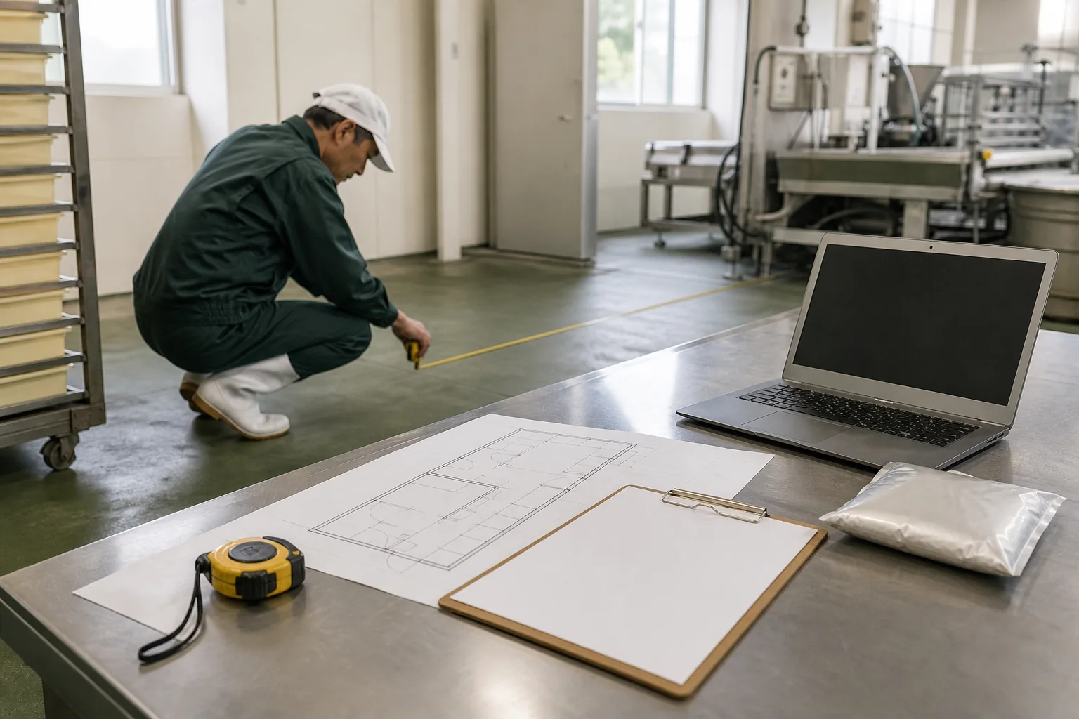 新しい設備の導入前に、工場内を測り投資計画を立てている様子